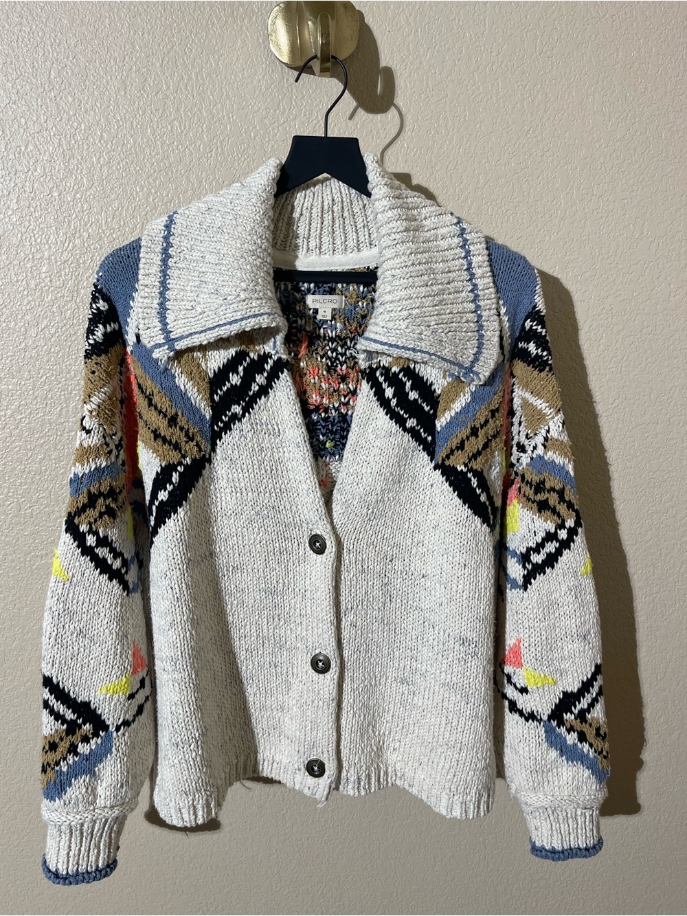 Pilcro Cream Cardigan with Blue, Black & Tan Geometric Accents